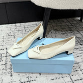 PRADA 25S SQUARE TOE HIGH HEELS IN IVORY GLOSSY CALFSKIN
