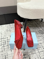 PRADA 25S SQUARE TOE HIGH HEELS IN DARK RED GLOSSY CALFSKIN