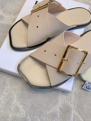 PETAL BELT FLAT SANDAL IN BEIGE CREAM CALFSKIN
