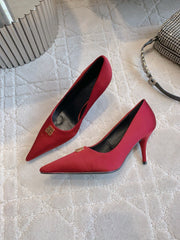BALENCIAGA 25S POINTED-TOE HIGH HEELS 70 MM IN RED SATIN WITH GOLD HARDWARE