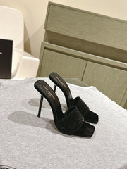 YSL 25S HEELED SANDALS 100 MM IN BLACK LAMBSKIN WITH RHINESTONE-EMBELLISHED STRAP