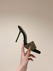 YSL 25S HEELED SANDALS 100 MM IN BLACK LAMBSKIN WITH GOLD RHINESTONE-EMBELLISHED STRAP