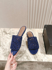 ALAIA PERFORATED SLIDE SANDALS 25S IN NAVY BLUE SUEDE