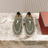 LP LOAFERS 25S IN MOSS GREEN SUEDE WITH SILVER HARDWARE