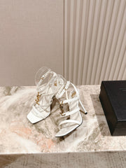 YSL 25S STILETTO HIGH-HEEL SANDALS 100 MM IN WHITE LAMBSKIN WITH GOLD HARDWARE