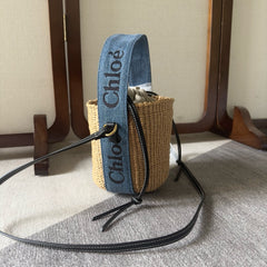 SMALL WOODY BASKET 17 IN NATURAL FIBERS BLUE DENIM BLACK CALFSKIN