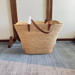 CLASSIC PANIER MEDIUM BRAIDED TRIOMPHE 47 IN BEIGE RAFFIA AND CALFSKIN