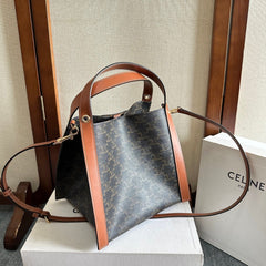 CELINE 25S CUBE BAG 18MM IN BLACK TRIOMPHE CANVAS AND DARK BORWN CALFSKIN