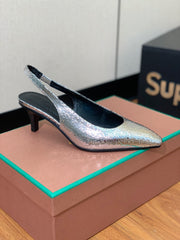 LP POINTED TOE MID-HEEL SLINGBACK SILVER CALFSKIN