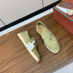 LP LOAFERS 25S IN DRIED LEAF GREEN CASHMERE WITH SILVER HARDWARE