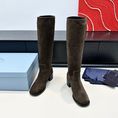 PRADA 25S HIGH-CUT BOOTS 55 MM IN EARTH BROWN SUEDE