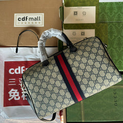 OPHIDIA LARGE BOSTON BAG 31 IN BEIGE AND BLUE GG CALFSKIN