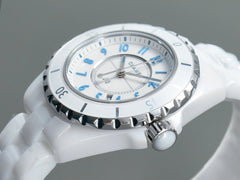 J12 Date Quartz White Ceramic Blue Numerals White Dial