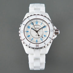 J12 Date Quartz White Ceramic Blue Numerals White Dial