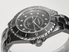 J12 Date Automatic Black Ceramic Diamond Numerals Black Dial Black Steel Hands