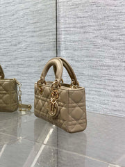 DIOR 25S SMALL LADY D‑JOY BAG 19 IN DARK BEIGE CANNAGE CALFSKIN GOLD HARDWRE