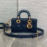 DIOR 25S SMALL LADY D‑JOY BAG 19 IN DARK BLUE CANNAGE CALFSKIN GOLD HARDWARE