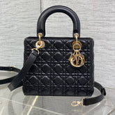 DIOR 25S MEDIUM LADY BAG 24 IN BLACK CALFSKIN GOLD HARDWRE