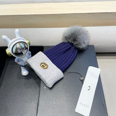 BEANIE HAT IN NAVY BLUE MIX LIGHT GRAY WOOL AND FOX FUR 422501
