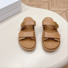 DIOR CLASSIC DOUBLE-STRAP SLIDES 25S IN LIGHT BROWN CALFSKIN