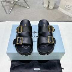 PRADA 25S STRAP SLIDES 30MM IN BLACK CALFSKIN GOLD HARDWARE