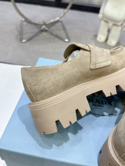 PRADA 25S THICK-SOLE LOAFERS 60 MM IN BEIGE SUEDE WITH GOLD HARDWARE