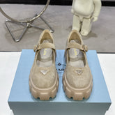 PRADA 25S PLATFORM MARY JANE SHOES IN BEIGE SUEDE