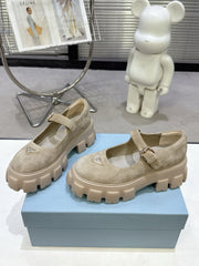 PRADA 25S PLATFORM MARY JANE SHOES IN BEIGE SUEDE
