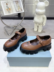 PRADA 25S PLATFORM MARY JANE SHOES IN BROWN CALFSKIN
