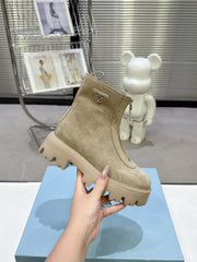 PRADA 25S ZIP-UP ANKLE BOOTS IN BEIGE SUEDE