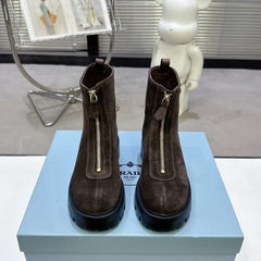 PRADA 25S ZIP-UP ANKLE BOOTS IN DARK BROWN SUEDE