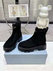 PRADA 25S RETRO PLATFORM MARTIN ANKLE BOOTS IN BLACK SUEDE