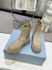 PRADA 25S RETRO PLATFORM MARTIN ANKLE BOOTS IN BEIGE SUEDE