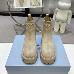 PRADA 25S RETRO PLATFORM MARTIN ANKLE BOOTS IN BEIGE SUEDE