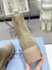 PRADA 25S RETRO PLATFORM MARTIN ANKLE BOOTS IN BEIGE SUEDE