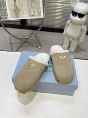 PRADA 25S FUR-LINED SABOT MULES IN BEIGE SUEDE