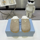 PRADA 25S FUR-LINED SABOT MULES IN BEIGE SUEDE