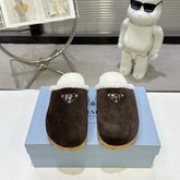 PRADA 25S FUR-LINED MULES IN DARK BROWN SUEDE