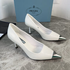 PRADA 25S METAL-CAPPED POINTED-TOE HIGH HEELS IN WHITE CALFSKIN