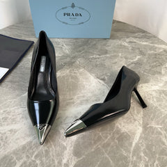 PRADA 25S METAL-CAPPED POINTED-TOE HIGH HEELS IN BLACK CALFSKIN