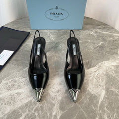 PRADA 25S METAL-TOE SLINGBACK PUMPS IN BLACK CALFSKIN
