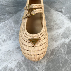 PRADA 25S BALLET FLAT IN NATURAL RAFFIA AND CALFSKIN