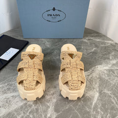 PRADA 25S MONOLITH RUBBER MULES IN BEIGE RAFFIA AND LAMBSKIN