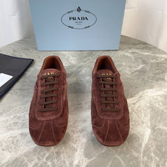 PRADA 25S MONTECARLO ANTIQUED SNEAKERS IN MAHOGANY BROWN SUEDE