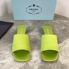 PRADA 25S TRIANGLE HEEL SANDALS 35MM IN LIME YELLOW SATIN