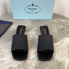 PRADA 25S TRIANGLE HEEL SANDALS 35MM IN BLACK SATIN