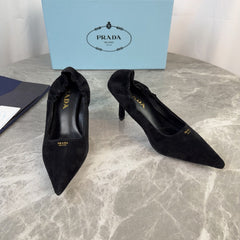 PRADA 25S HIGH HEELS 75 MM IN BLACK SUEDE