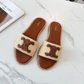 LYMPIA MULE BEIGE RAFFIA AND BROWN WOOL LOGO