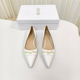 DIOR POINTED BALLET FLATS 25S IN WHITE CALFSKIN WITH GOLD HARDWARE