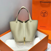 HERMES 25S PICOTIN LOCK 22 IN CROMWELL GRAY CALFSKIN GOLD HARDWARE